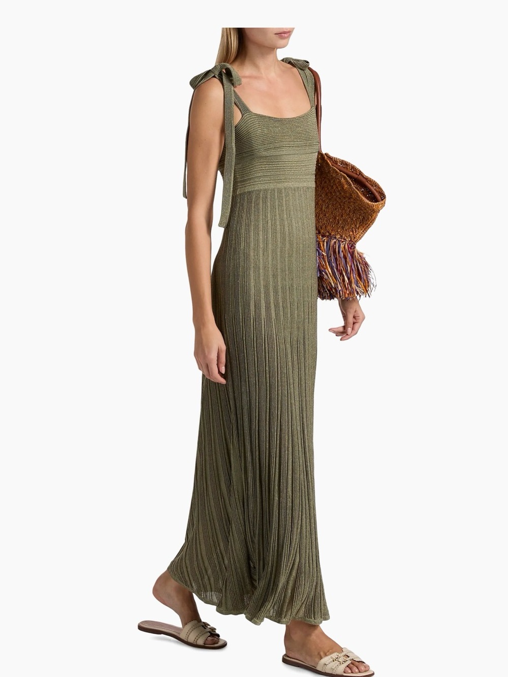 Zimmermann Women's Green Wanderlust Metallic Shoulder-Tie Maxi Dress Size 1/US6